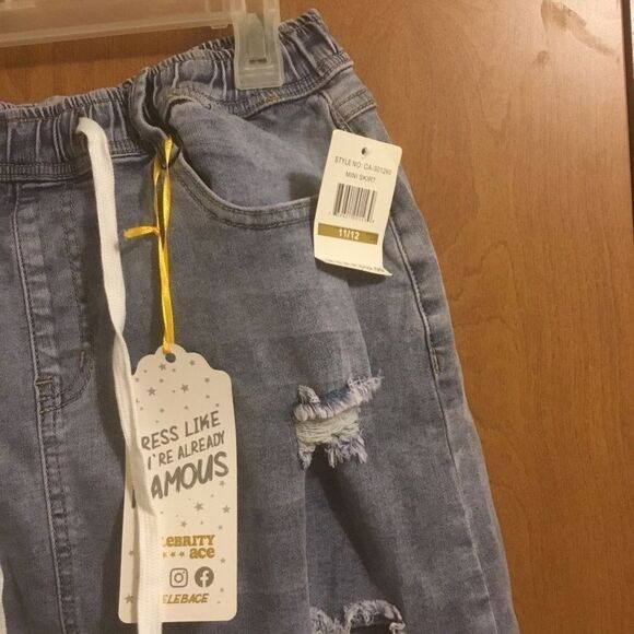 Light Wash Denim Jean Unfinished Raw Hem Drawstring Destroyed Mini Skirt - Picture 5 of 8